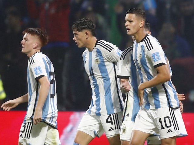Argentina Under-20s's Valentin Carboni celebrates scoring their second goal with teammates on May 20, 2023