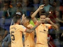 Atletico Madrid's Saul Niguez celebrates scoring their first goal with teammates on May 24, 2023