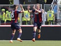 Bologna's Lewis Ferguson celebrates scoring their first goal with Nikola Moro on May 28, 2023