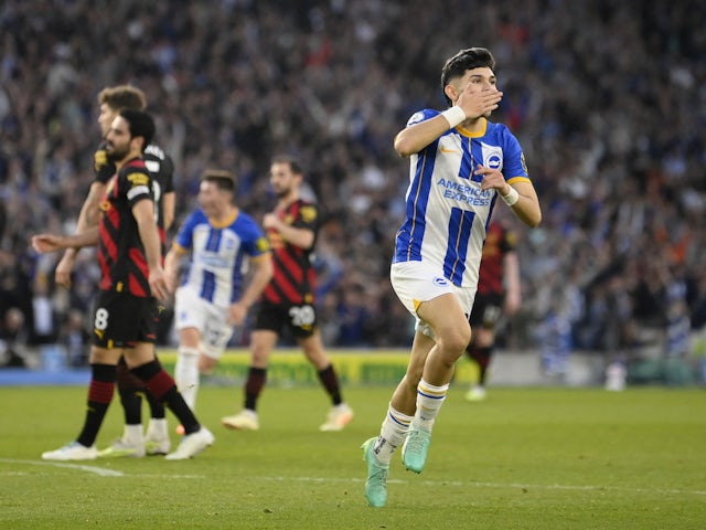 Brighton & Hove Albion's Julio Enciso celebrates scoring against Manchester City on May 24, 2023