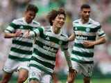 Celtic's Kyogo Furuhashi celebrates scoring their first goal on May 27, 2023