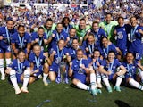 Chelsea Women players celebrates with the trophy after winning the Women's Super League on May 27, 2023