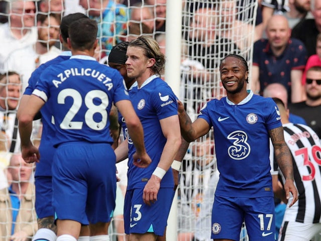 Chelsea's Raheem Sterling celebrates a goal against Newcastle United on May 28, 2023