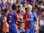 Crystal Palace's Will Hughes celebrates scoring their first goal with Tyrick Mitchell on May 28, 2023