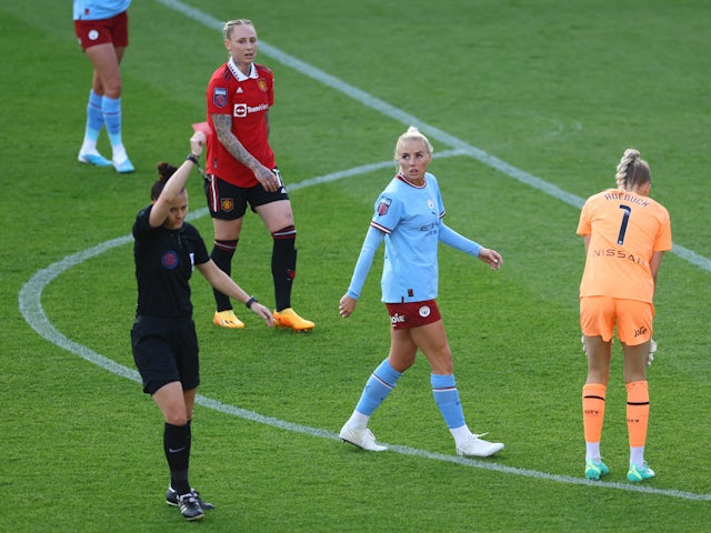 Manchester City Women's Ellie Roebuck is shown a red card by referee Rebecca Welch on May 21, 2023