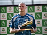 Manchester City's Erling Braut Haaland celebrates with the Golden Boot on May 28, 2023