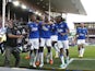 Everton's Abdoulaye Doucoure celebrates scoring their first goal with Conor Coady, Demarai Gray and Alex Iwobi on May 28, 2023