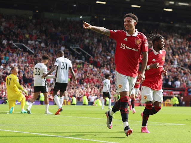 Manchester United's Jadon Sancho celebrates scoring against Fulham on May 28, 2023