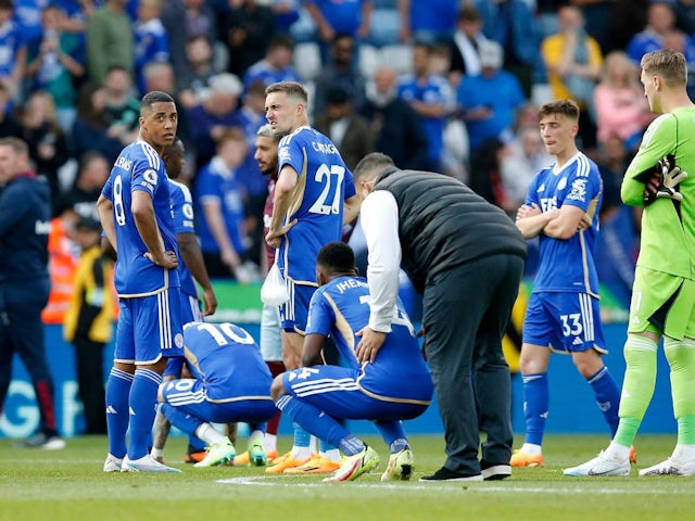 Leicester City players look dejected after being relegated from the Premier League on May 28, 2023