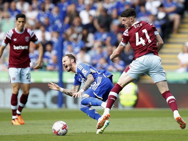 Leicester City's James Maddison in action with West Ham United's Declan Rice on May 28, 2023