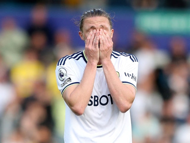 Luke Ayling looks dejected after Leeds United are relegated from the Premier League on May 28, 2023