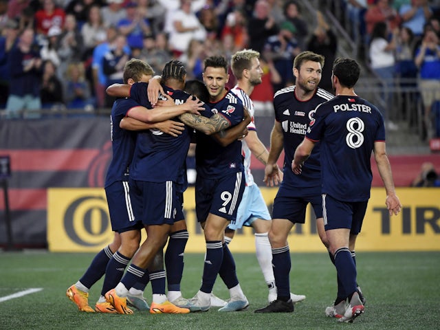 New England Revolution celebrate after forward Bobby Wood (17) scored a goal on May 28, 2023