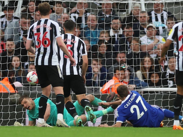 Newcastle United's Nick Pope saves from Leicester City's Timothy Castagne on May 22, 2023