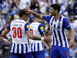 FC Porto's Evanilson celebrates scoring their third goal with FC Porto's Mehdi Taremi on May 27, 2023
