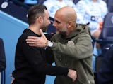 Brighton & Hove Albion manager Roberto De Zerbi and Manchester City manager Pep Guardiola before the match on October 22, 2022