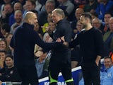 Brighton & Hove Albion manager Roberto De Zerbi shakes hands with Manchester City manager Pep Guardiola on May 24, 2023