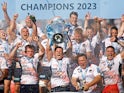 Saracens' Owen Farrell lifts the trophy as they win the Premiership on May 27, 2023