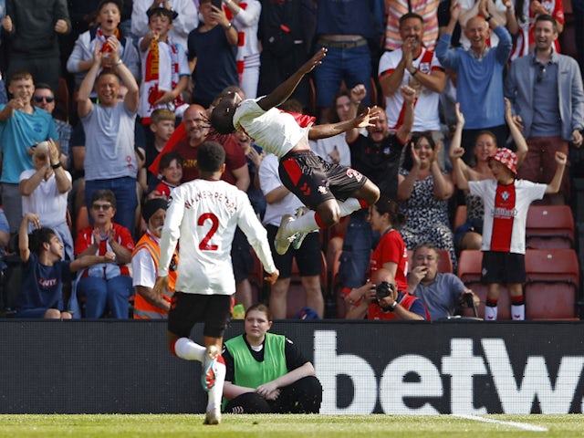 Southampton's Kamaldeen Sulemana celebrates scoring their third goal with Kyle Walker-Peters on May 28, 2023