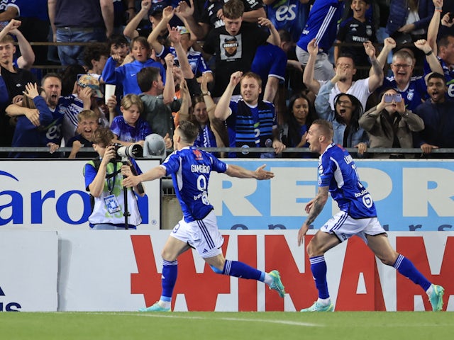 Strasbourg's Kevin Gameiro celebrates scoring their first goal with Dimitri Lienard on May 27, 2023