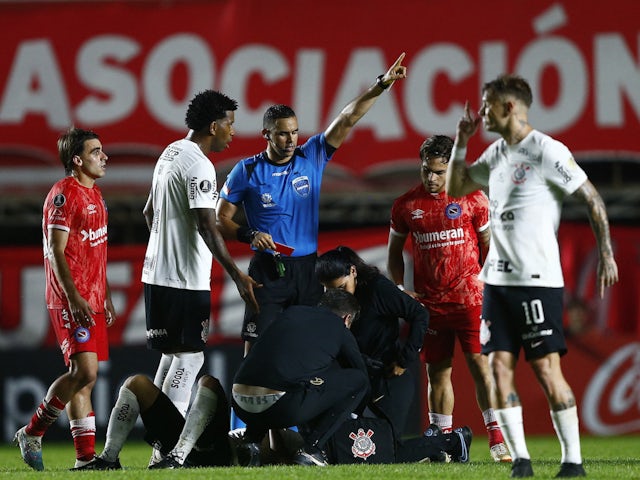 Argentinos Juniors' Thiago Thomas Nuss is shown a red card by referee Carlos Ortega on May 24, 2023