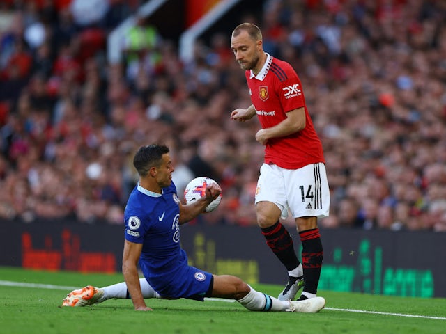 Manchester United's Christian Eriksen in action with Chelsea's Cesar Azpilicueta on May 25, 2023