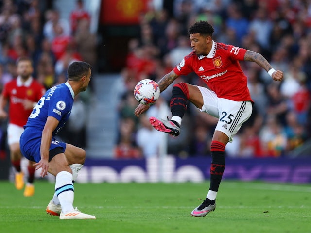 Manchester United's Jadon Sancho in action with Chelsea's Cesar Azpilicueta on May 25, 2023