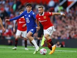Chelsea's Kai Havertz in action with Manchester United's Luke Shaw on May 25, 2023