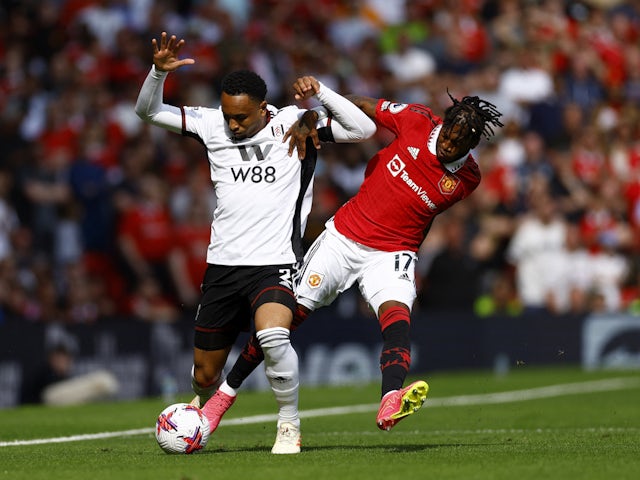 Manchester United's Fred in action with Fulham's Kenny Tete on May 28, 2023