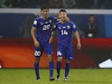 Uzbekistan Under-20s's Makhmud Makhamadjonov celebrates scoring their first goal with Abbosbek Fayzullaev on May 20, 2023