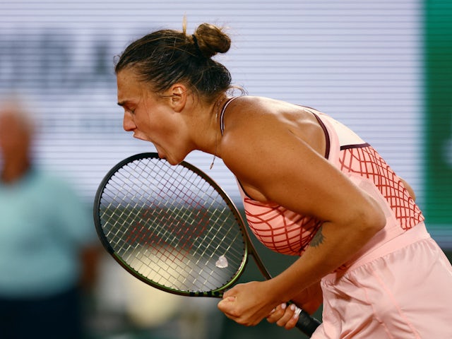 Aryna Sabalenka reacts at the French Open on June 4, 2023