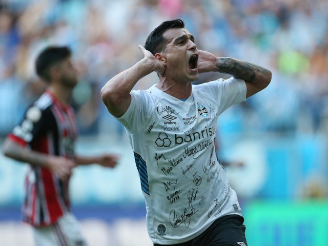 Gremio's Franco Cristaldo celebrates scoring their first goal on June 4, 2023