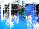 Everton's Jordan Pickford celebrates their first goal on May 28, 2023