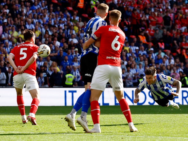Sheffield Wednesday's Josh Windass scores their first goal  on May 29, 2023