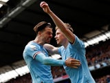 Manchester City's Kevin De Bruyne celebrates scoring their second goal with Jack Grealish on April 1, 2023