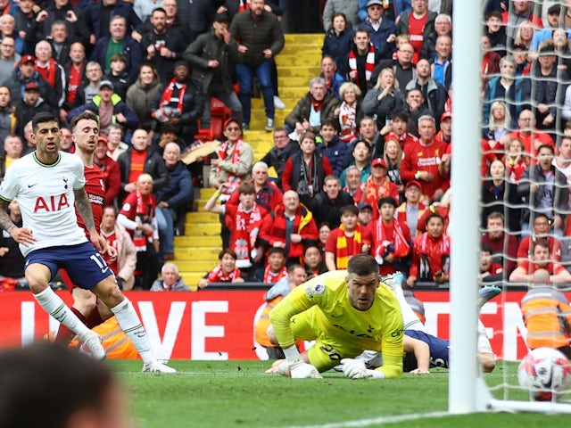Liverpool's Diogo Jota scores their fourth goal past Tottenham Hotspur's Fraser Forster on April 30, 2023