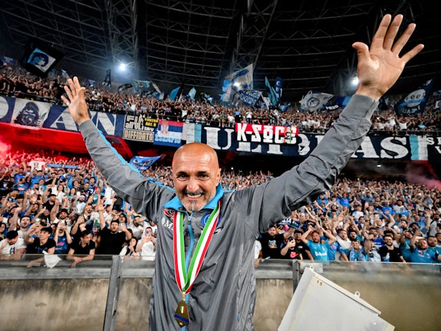 Napoli coach Luciano Spalletti celebrates winning Serie A after the match on June 4, 2023
