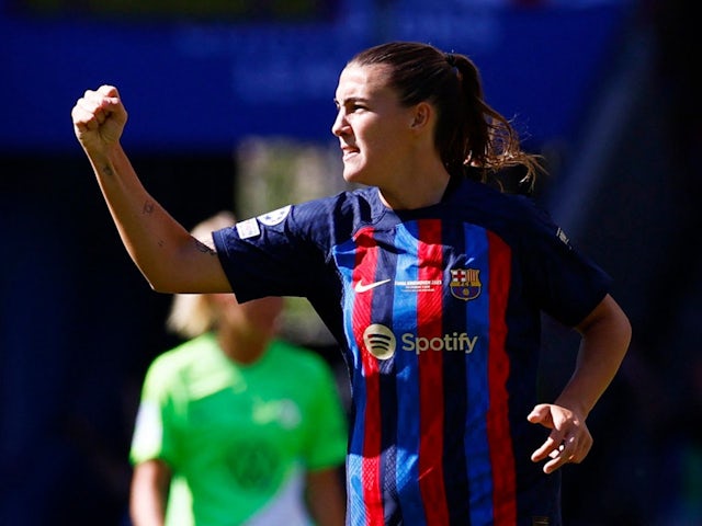 FC Barcelona's Patricia Guijarro celebrates scoring their first goal on June 3, 2023