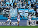 Sao Paulo's Jonathan Calleri celebrates scoring their first goal with teammates on June 4, 2023
