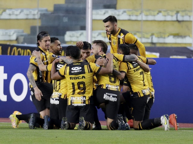 The Strongest's Adriano Jusino celebrates scoring their first goal with teammates on May 26, 2023