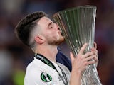 West Ham United's Declan Rice kisses the trophy after winning the Europa Conference League Final on June 7, 2023