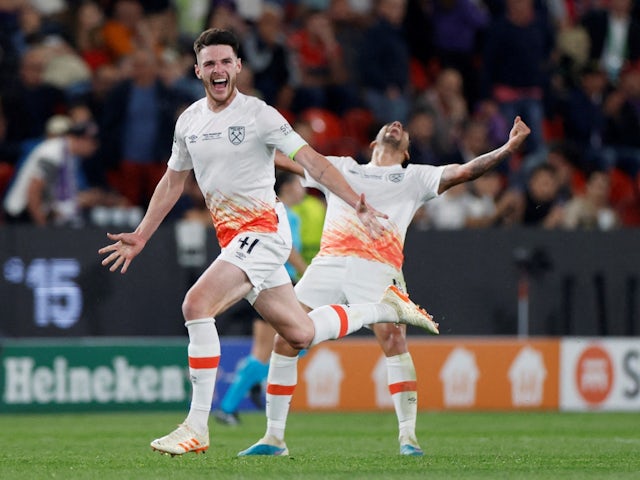 West Ham United's Declan Rice celebrates after winning the Europa Conference League final on June 7, 2023