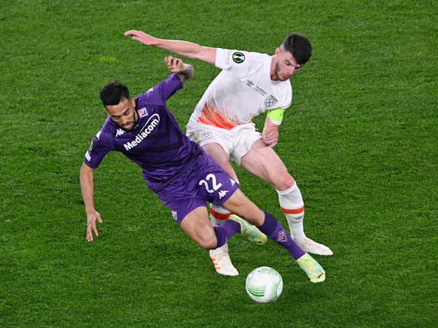 West Ham United's Declan Rice in action with Fiorentina's Nicolas Gonzalez on June 7, 2023