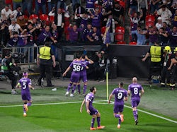 Fiorentina's Giacomo Bonaventura celebrates scoring their first goal with Rolando Mandragora and teammates on June 7, 2023