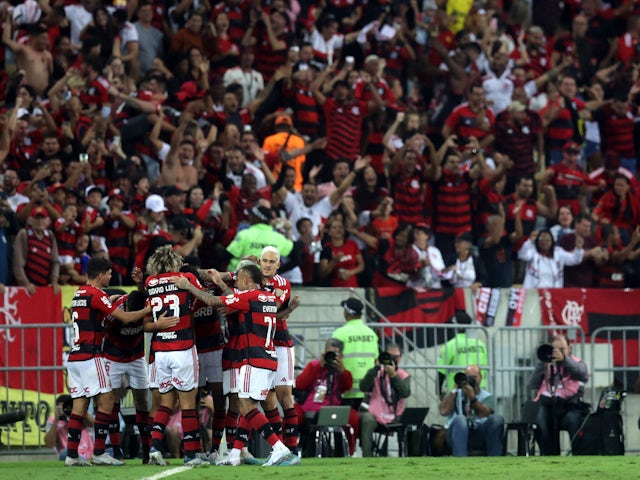 Flamengo's Victor Hugo celebrates scoring their second goal with teammates on June 8, 2023