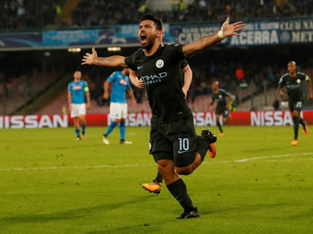 Manchester City's Sergio Aguero celebrates scoring their third goal on November 1, 2017