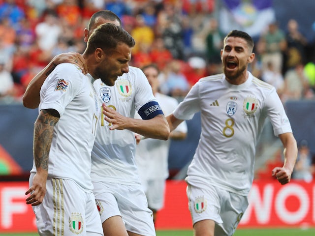 Italy's Ciro Immobile celebrates scoring against Spain on June 15, 2023