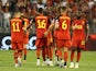 Belgium's Romelu Lukaku celebrates scoring their first goal with Dodi Lukebakio and teammates on June 17, 2023