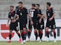 Georgia's Georges Mikautadze celebrates scoring their first goal with teammates on June 17, 2023