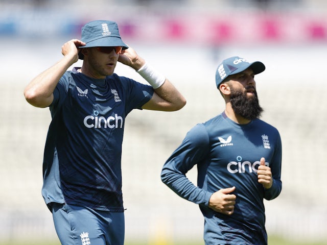 England's Moeen Ali with Stuart Broad during practice on June 13, 2023