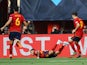 Spain's Yeremy Pino celebrates scoring their first goal with Gavi and Mikel Merino on June 15, 2023